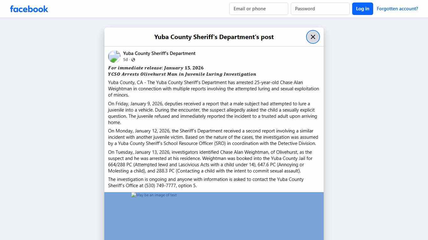 𝑭𝒐𝒓 𝒊𝒎𝒎𝒆𝒅𝒊𝒂𝒕𝒆 𝒓𝒆𝒍𝒆𝒂𝒔𝒆:... - Yuba County Sheriff's Department | Facebook