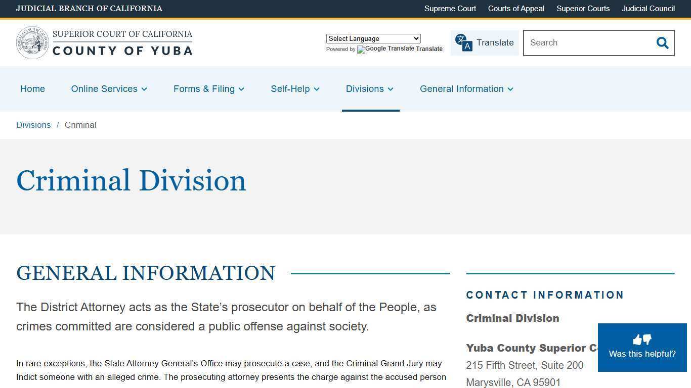 Criminal | Superior Court of California | County of Yuba
